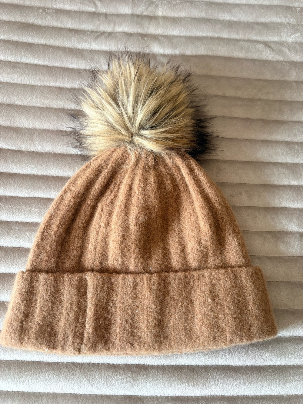 Babaton Camel Wool Beanie with Faux-Fur Pom